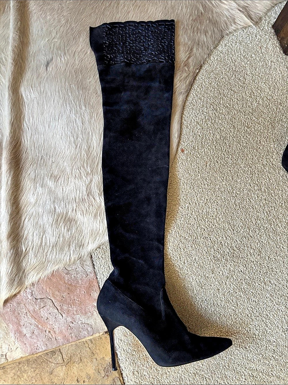 Manolo Blahnik Lape Laser-Cut Suede Over-the-Knee Boots